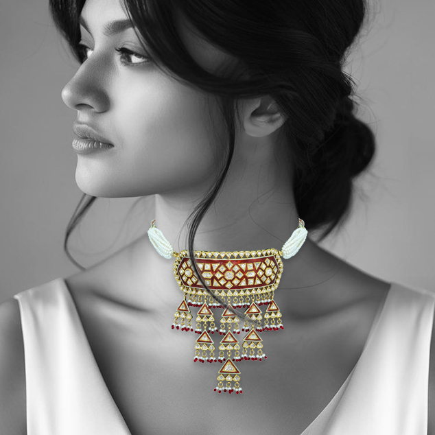 Polki Choker with Red Enamel, Triangular Motifs, and Pearl Drops
